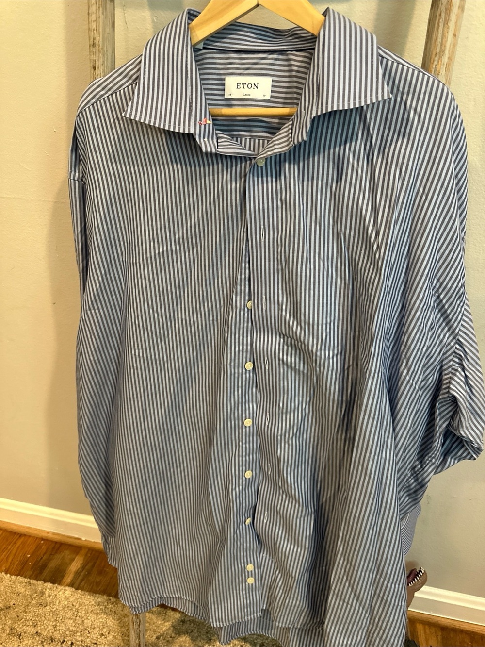 Eton Blue and White Narrow Stripe Dress Shirt